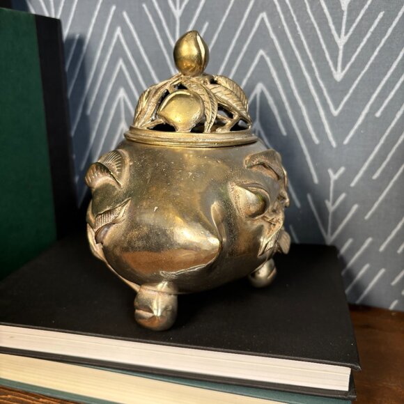 Vintage Chinese Peach Form Incense Burner with Qianlong Mark Tripod Censer - Picture 6 of 17